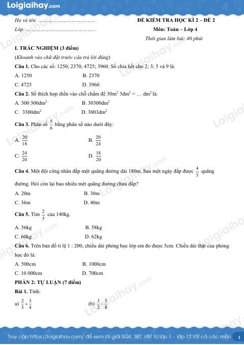 Đề số 2 - Đề kiểm tra học kì 2 (Đề thi học kì 2) - Toán lớp 4